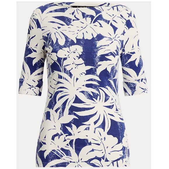 Palm-Frond-Print Cotton Boatneck Tee - Picture 3 of 3